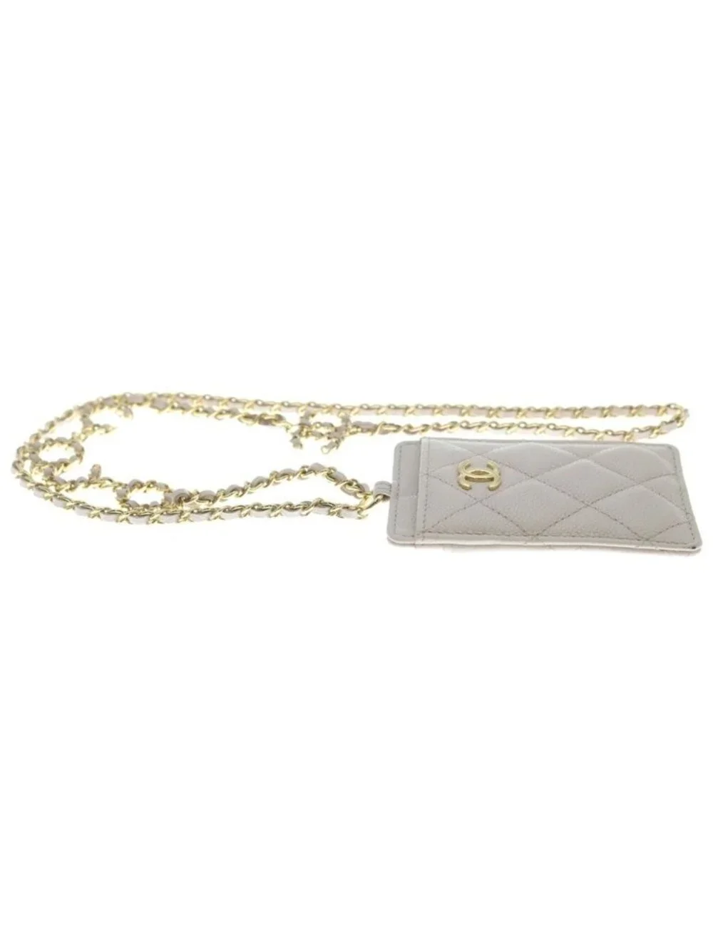 Chanel CC Logo Quilted Caviar Leather Gold Chain Card Slot Pass Case Beige